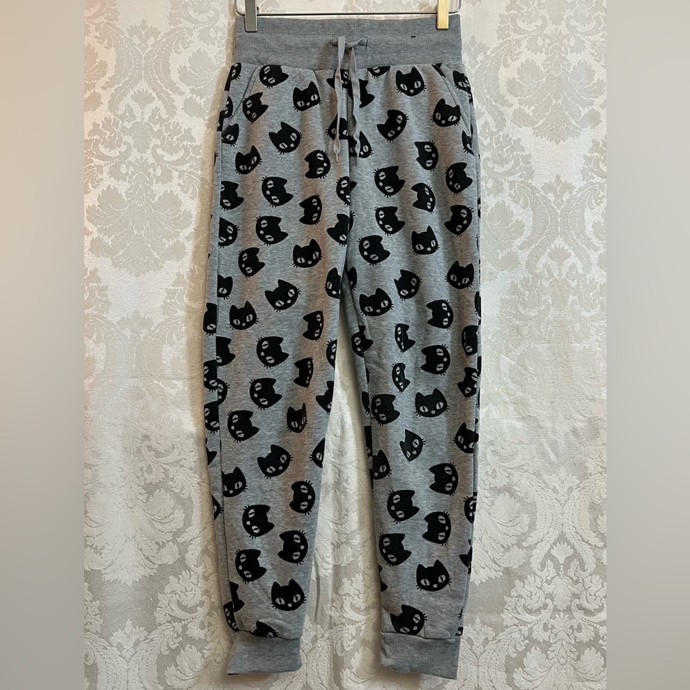 Better Together Women’s Black Cat Patterned Gray Joggers Size Small GUC Pockets